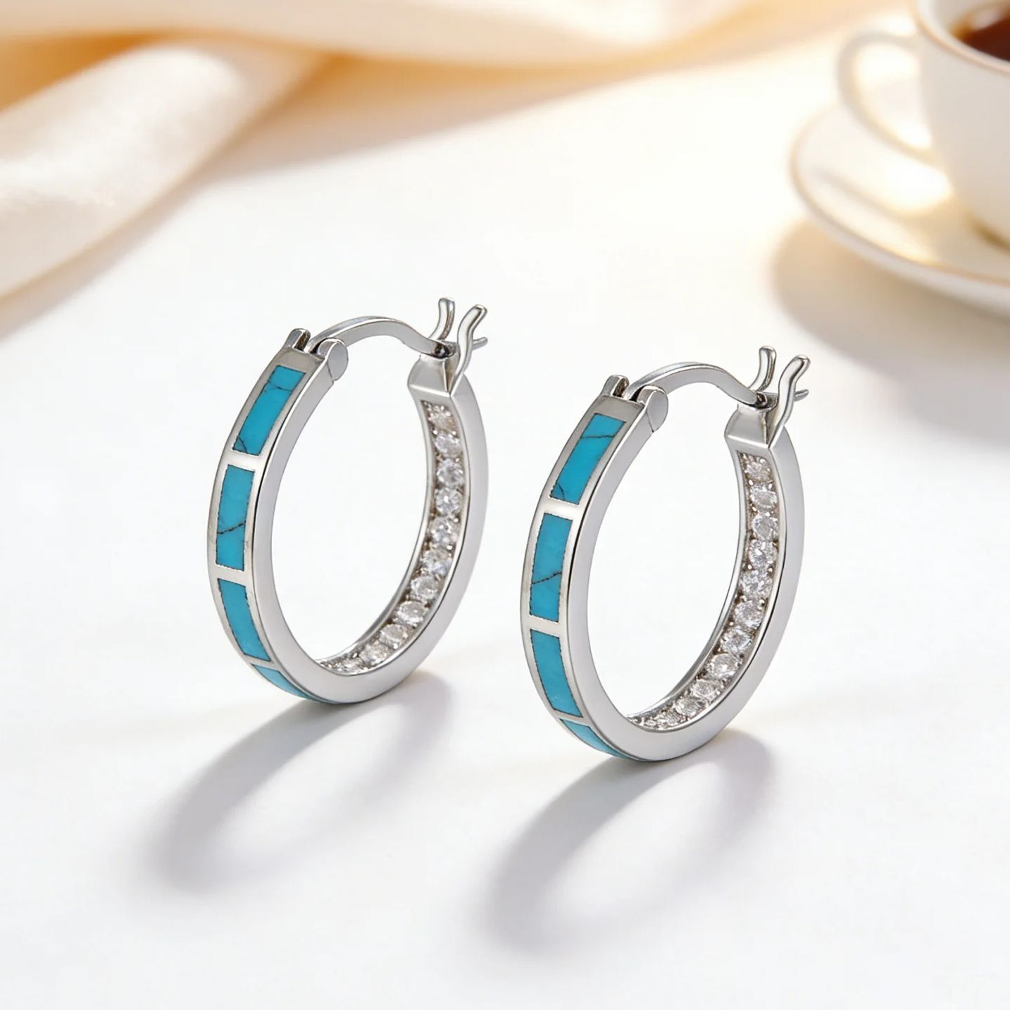 Turquoise Stone Ring - Hypoallergenic Turquoise & Zircon Hoop Earrings