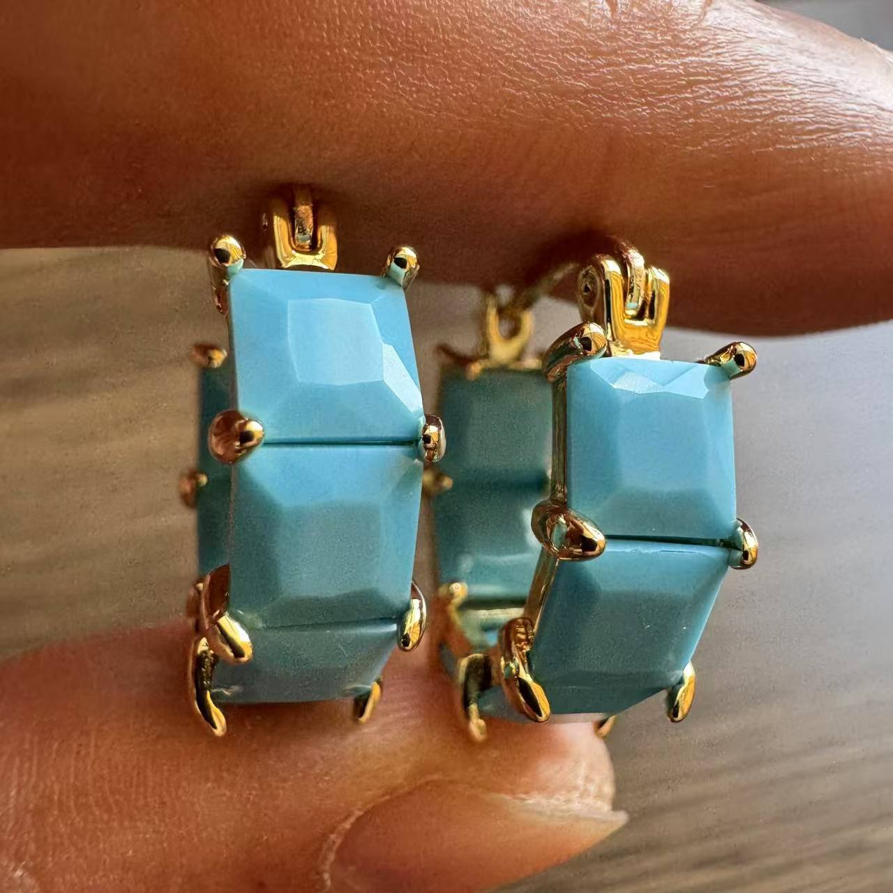 Turquoise Stone Ring - Fashion Classic Turquoise Checkered Earrings for
