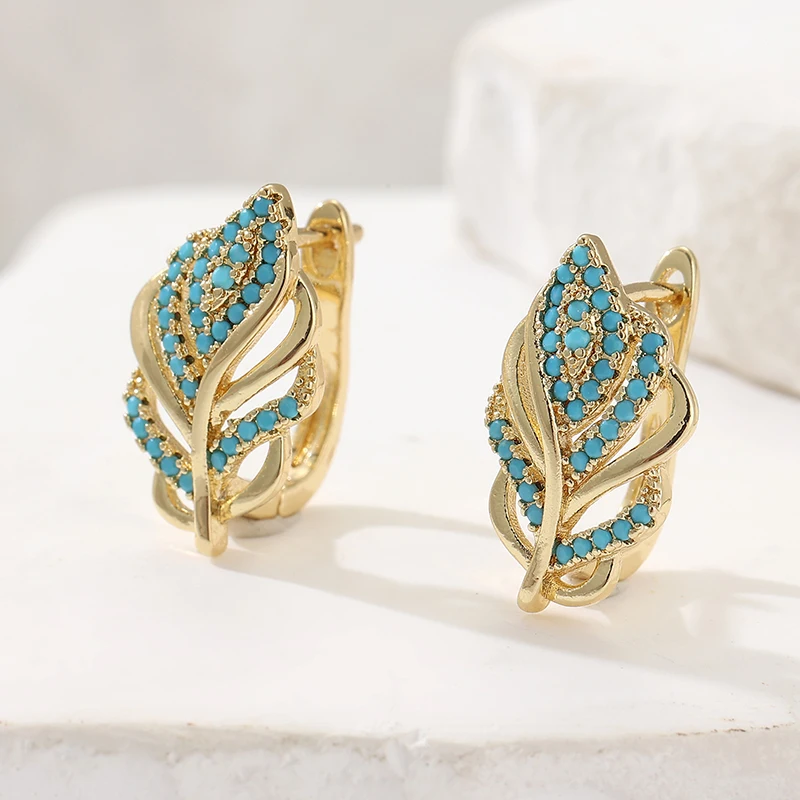 Creative Leaf Shaped Hoop Earr - Turquoise Stone Ring 评论和价格